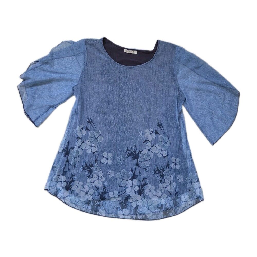 Sese Code Blue Floral Mesh Tunic Top Sheer 3/4 Bell Sleeve Womens Sz L EUC